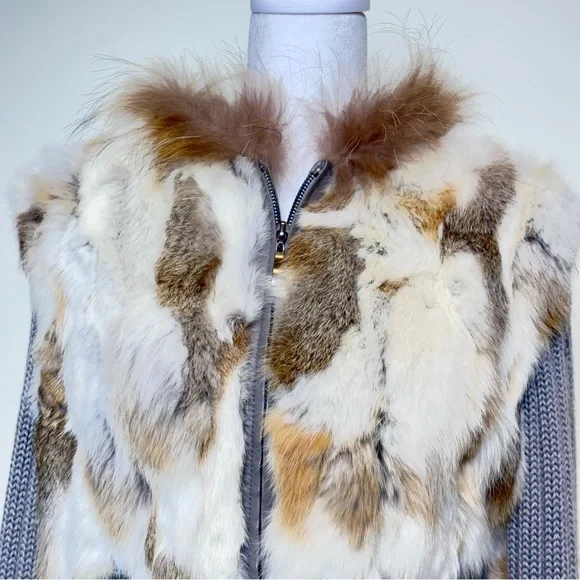 Rabbit Fur and Cable Knit Cardigan Jacket with Hood - Picture 2 of 15